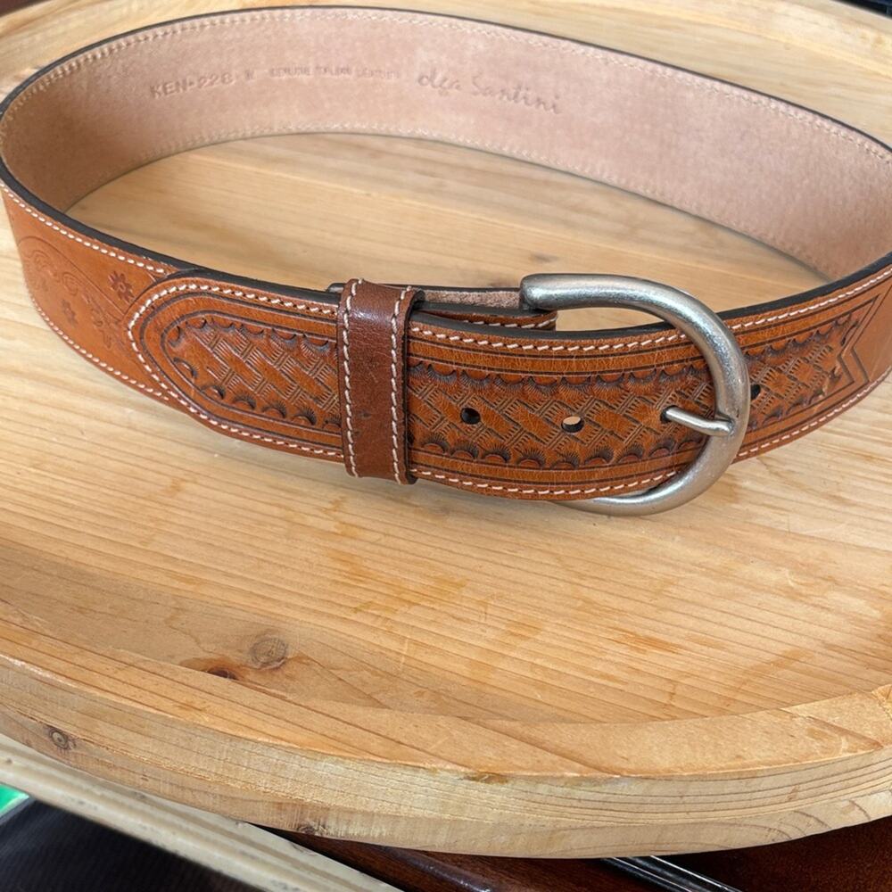Olga Santini women’s M Vintage Brown Leather engraved tooled belt silver buckle